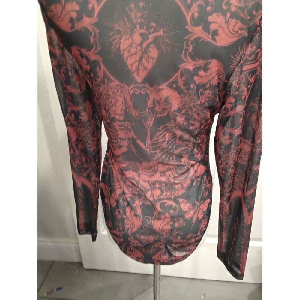 SHEIN Gothic Damask Mesh Bodysuit Red Black Sacred Heart Skeleton Mock Neck 0XL - Picture 5 of 8
